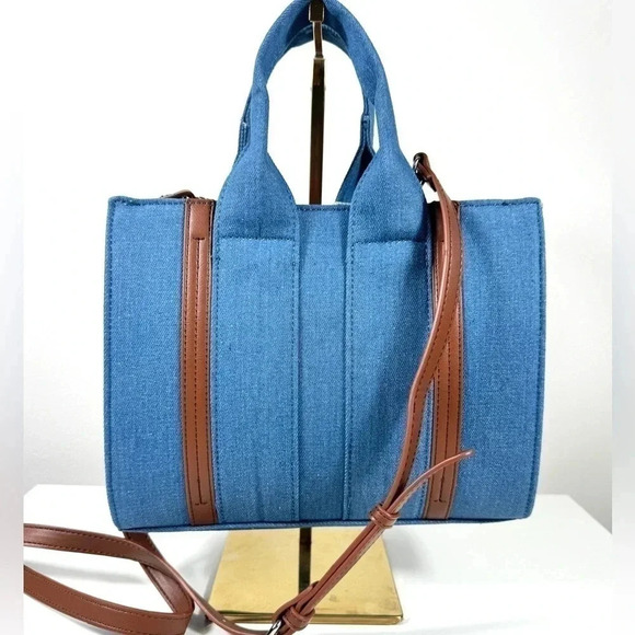 New MKF Denim Crossbody Satchel Tote Bag Blue Brown Casual Everyday - Picture 2 of 8